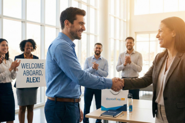 New hire shaking hands with a team member during an onboarding welcome moment at a U.S. workplace.